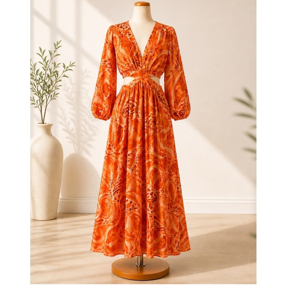 Steps New York Orange Abstract Print Maxi Dress Cutout Long Sleeve Boho Women M